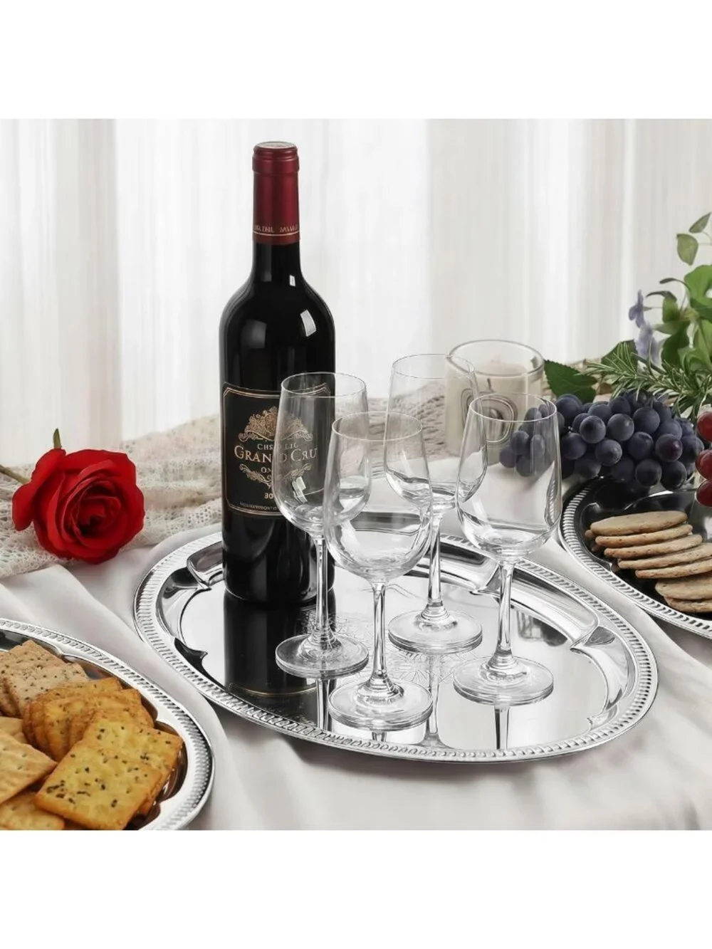 6-Pack Large Silver Oval Serving Trays - Floral Engraved Platters for Parties